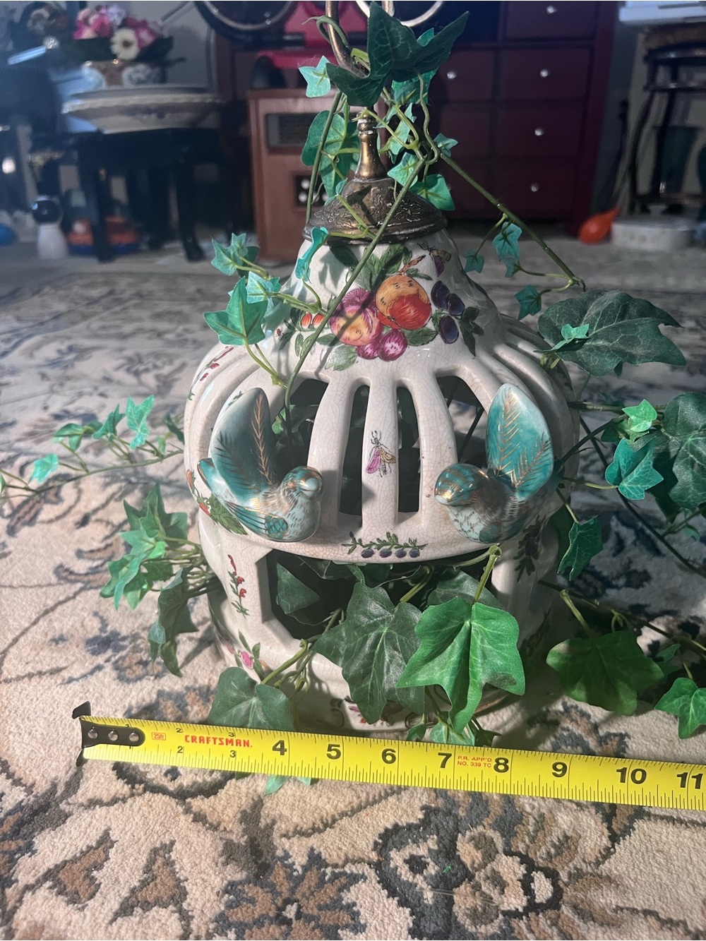 Vintage Chinoiserie style hand-painted ceramic birdcage lantern